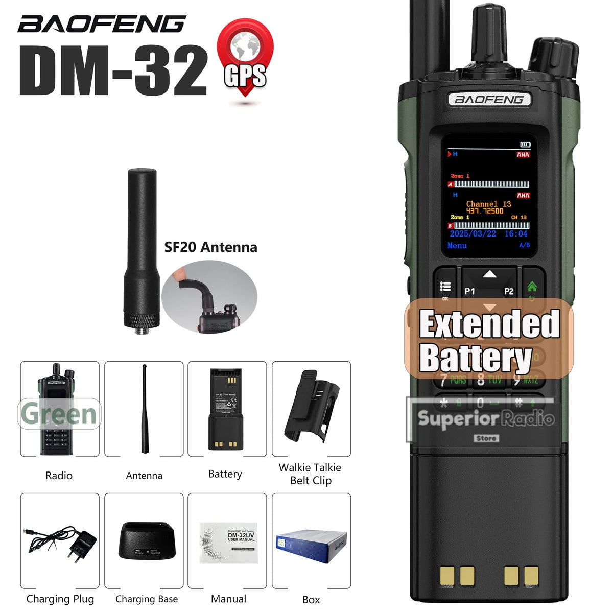 Baofeng DM-32 DMR Digital Walkie Talkie Upgraded Extended Battery High Capacity GPS APRS Dual Mode Analog Dual Time Slot  AM FM