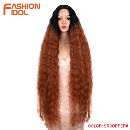 FASHION IDOL 42inch/105cm Super Long Lace Front Wigs Water Wavy Curly Hair Synthetic Wigs For Women Ombre Blonde Wigs Cosplay