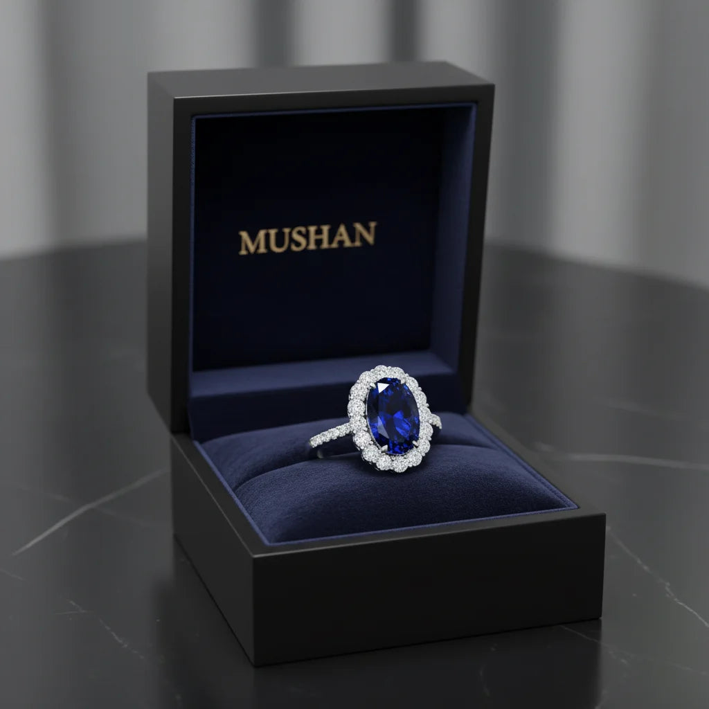 MUSHAN Luxury Jewelry 925 Sterling Silver Rings Bands For Women 4.4 Carat Blue HCD Gemstones Sapphire 8*12mm Oval Ring Jewelry