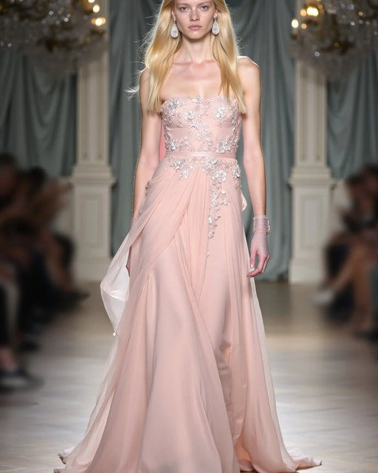 Customized Chiffon Applique Pleat Strapless A-line Long Dresses Bespoke Occasion Exquisite Modern Style Formal