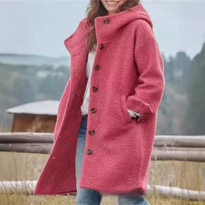 Manteaux Femme Winter Warm Woolen Coat Solid Color Manteau Femme Hooded Fashion Womans Clothing Single-breasted Hooded Long Coat