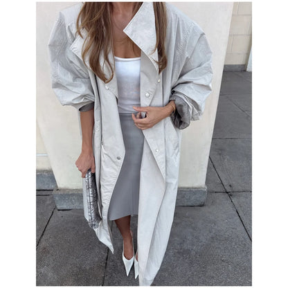 Women Black Long Solid Color Trench Coat Stand Collar Loose Drop Shoulder Single-breasted Windbreaker Lady Commute Outing Wear