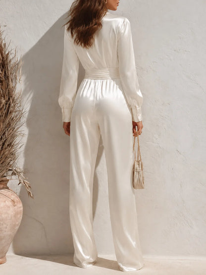 Women Cargo Pants One-Piece Suit Satin Full Long Coverall Rompers Casual Solid Color V Neck Jumpsuit For Work Travel Holiday