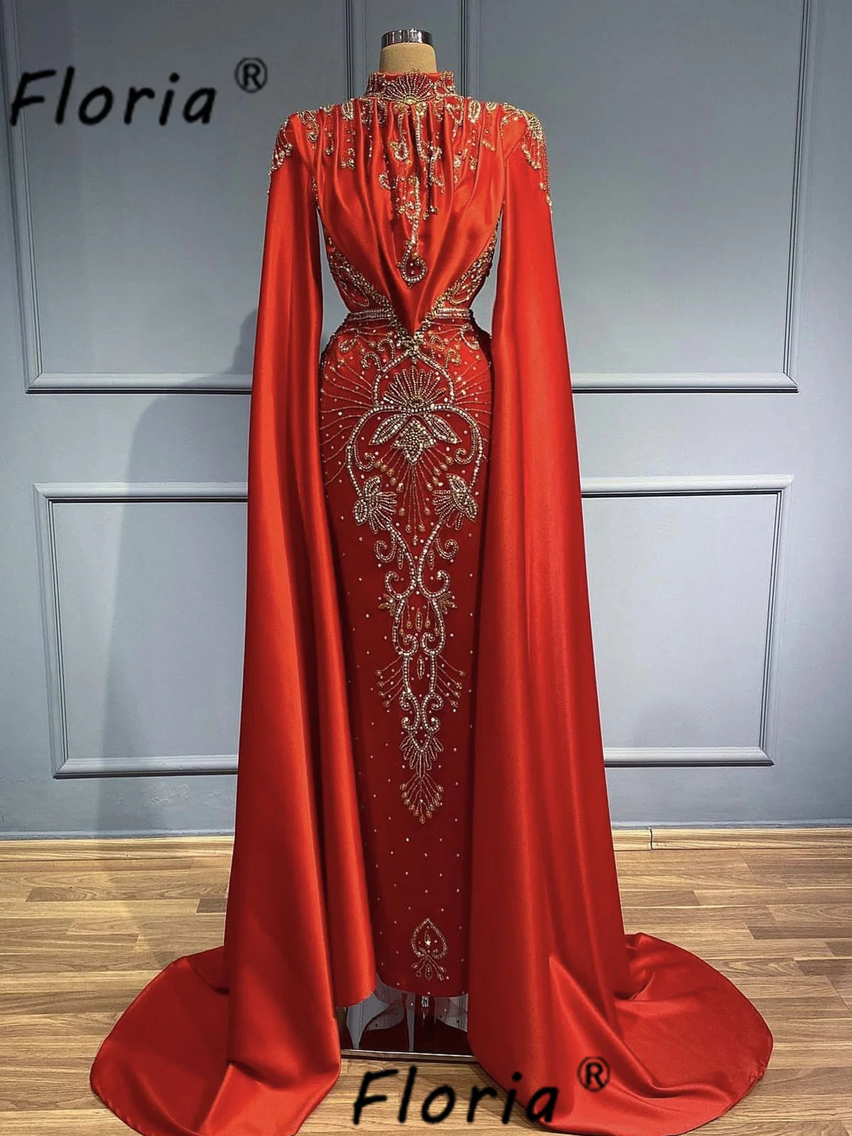 New Modest Red Satin Wedding Dress Fully Handmade Beads Crystal Formal Evening Dress Long Cape Sleeve Gala Party Gown Customized