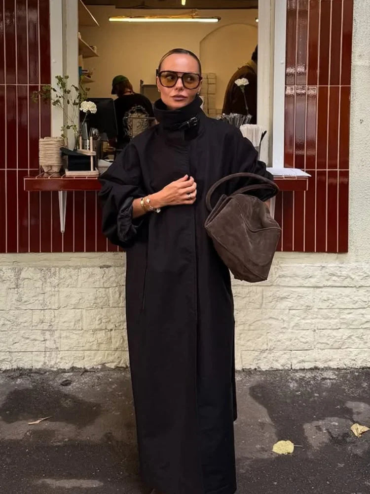 Black Stand Collar Trench Coat Women Casual Long Sleeve Single-breasted Loose Windbreaker 2026 Lady Autumn High Street Outwear