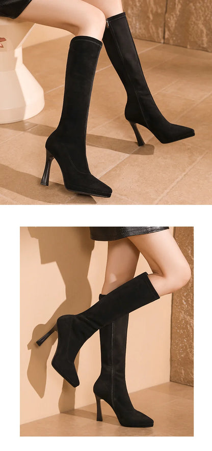 Black Knee High Boots For Women Pointed Toe 10cm High Heel Platform Side Zipper Slim Party Tall Boots Autumn Winter Lady Shoes