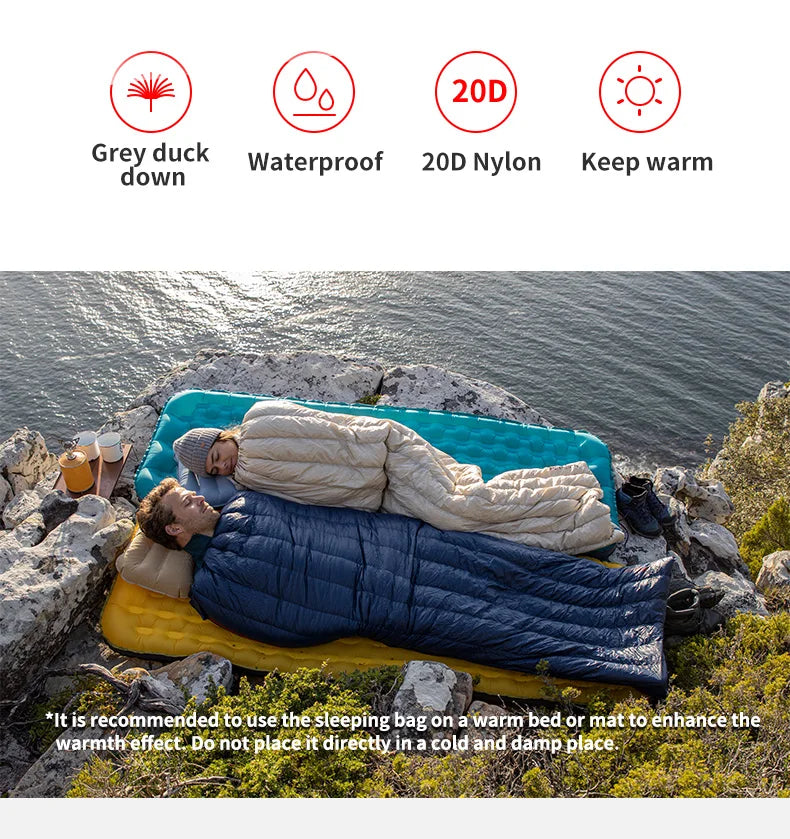 Naturehike Ultralight Backpacking Duck Down Sleeping Bag for Adults Warm Splicable Double Quilt 2 Person Sleeping Bags for Hiking Camping 3 Seasons