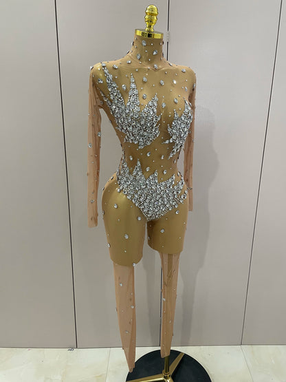 2026 Sparkly Diamonds High Stretch Mesh Jumpsuit Birthday Evening Party Bar Nightclub DJ Female Singer Stage Performance Costume