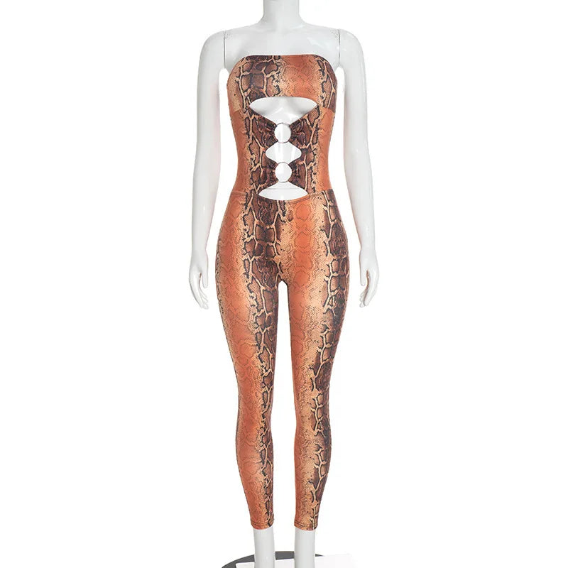 STYLISH LADY Snake Print Strapless Jumpsuits 2026 Women Hollow O Ring Sleeveless Bodycon Sexy Club Party Street Long Jumpsuit