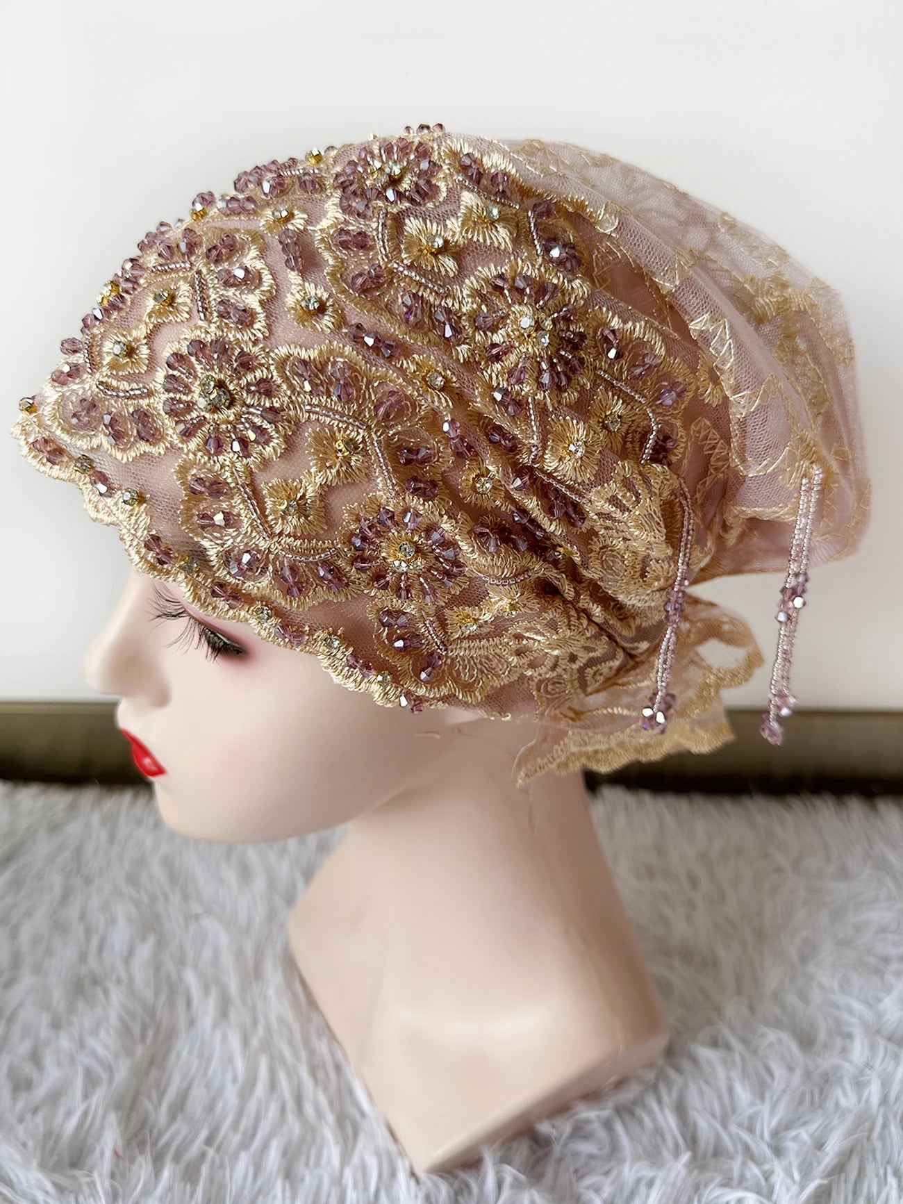 High Quality Lace handcrafted Beaded Turban Hat Female Head Wraps Caps Muslim Women Headscarf Bonnet Ready to Wear Inner Hijabs