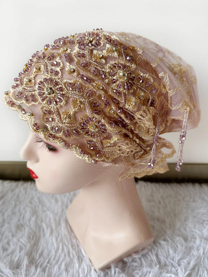 High Quality Lace handcrafted Beaded Turban Hat Female Head Wraps Caps Muslim Women Headscarf Bonnet Ready to Wear Inner Hijabs