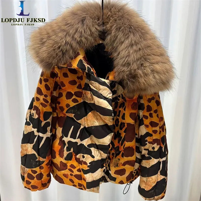 Women's Leopard Print down Jacket European Winter Natural Raccoon Fur Collar Short Warm Duck down Coat