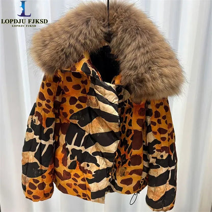 Women's Leopard Print down Jacket European Winter Natural Raccoon Fur Collar Short Warm Duck down Coat