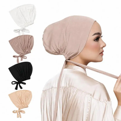 Adjustable Tie Hijab Undercap Soft Modal Bonnet Cap for Muslim Women Stretchy Breathable Inner Head Cover Prayer Wear Accessory