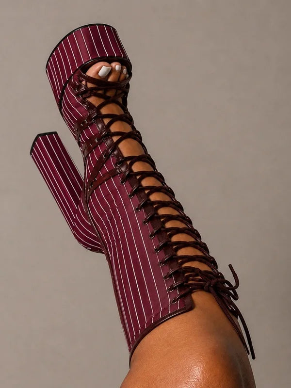 Striped Lace Up Hollow Out Platfrom Sandal Boots Sexy Round Toe Square Heel Customized New Arrivals Fashion Women Modern Shoes