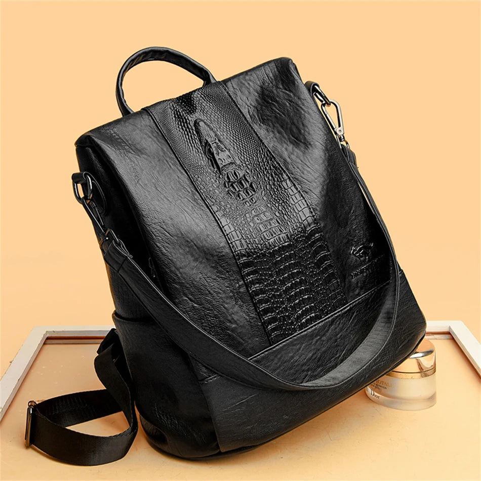 Women's Crocodile Pattern Backpack Leather School Bookbags for Girls Bagpack Large Capacity Designer Travel Rucksack Mochilas
