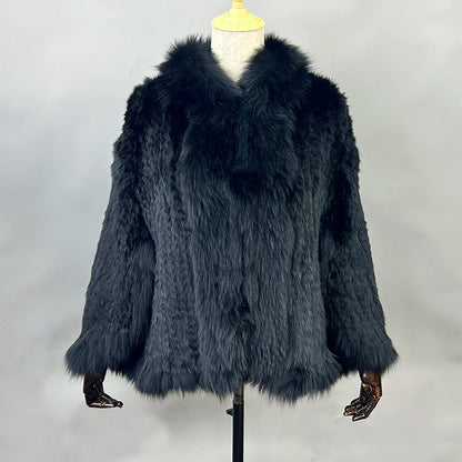 New Real Genuine Natural Knitted Rabbit Fur Shawl Coat With Fox Fur Collar Women's Fashion Knit Jacket Cape