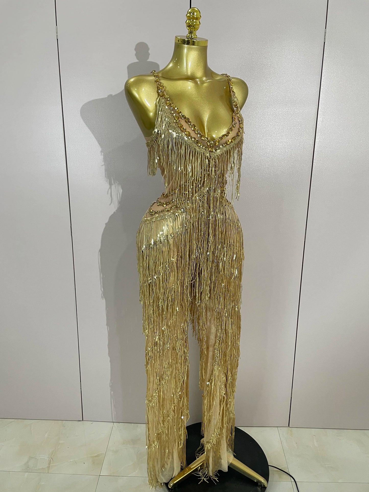 Sparkly Black Rhinestones Sequined Fringe Jumpsuit Women Sexy Nightclub Party Birthday Outfit Show Singer Stage Perform Costume