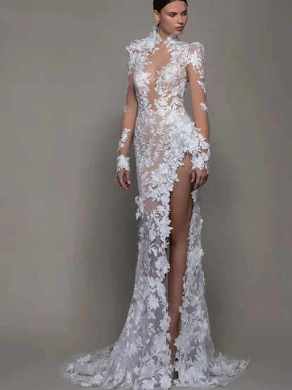 Customized Vestidos De Novia 3D Flower Bride Robe Sexy Illusion High Slit Bridal Gown Robe De Mariée Mermaid Wedding Dresses