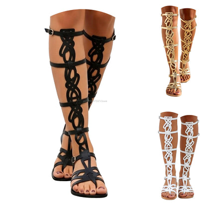 Women Hollow Out Multi Buckle Strap Flat Open Toe Shoes Greek Style Knee High Gladiator Sandals Summer Vacation Festival Sandal