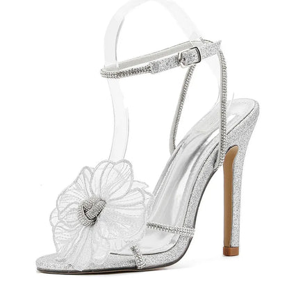 2025 Summer New brand Luxury Rhinestones Flowers Women Sandals Fashion Sequined Ankle Strap Stiletto High heels Female Shoes