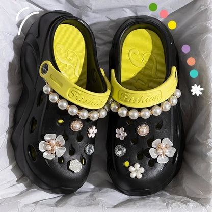 Luxury DIY Pearl Chain Non Slip Clogs Women Summer 2026 Comfort Platform Slip On Sandals EVA Thick Bottom Outdoor Slippers Shoes