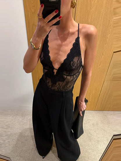 Women's Bodysuit Lace Patchwork Hollow Out Bodysuits Transparent Female Deep V See Through Partywear Spring Sexy Ladies Clubwear