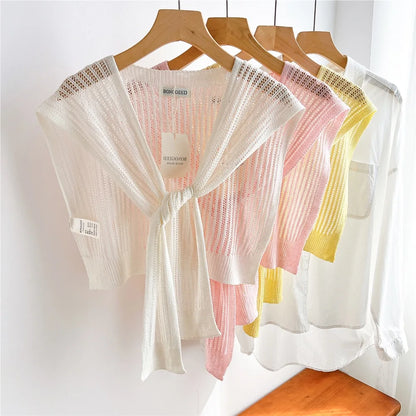 Women Plain Solid Lace Hollow Out Shawls Summer Air Conditioning Fake Collar Neck Guard Knit Thin Knotted Cape Shoulder Scarves