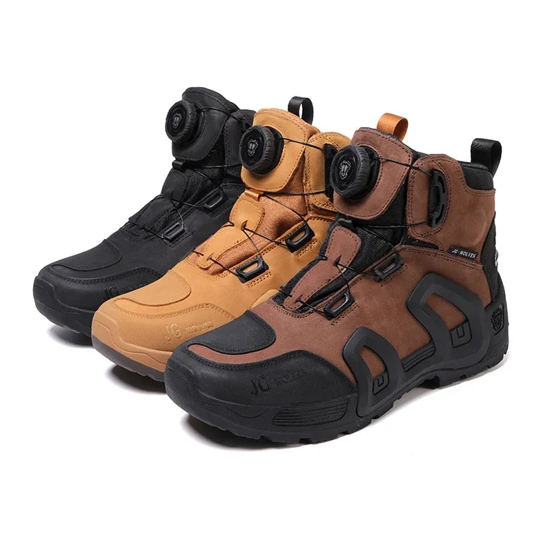JG WOLVES Men Women Motorcycle Riding Boots Waterproof Cowhide Leather Breathable Anti-Slip Wear-Resistant Touring Moto Shoes