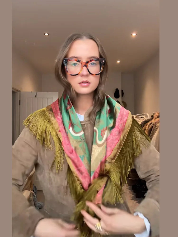 Vintage Tassel Printed Satin Square Scarf Women Fashion Fringe Trim Shawl Accessories 2026 Spring Summer Casual Scarves Shawls