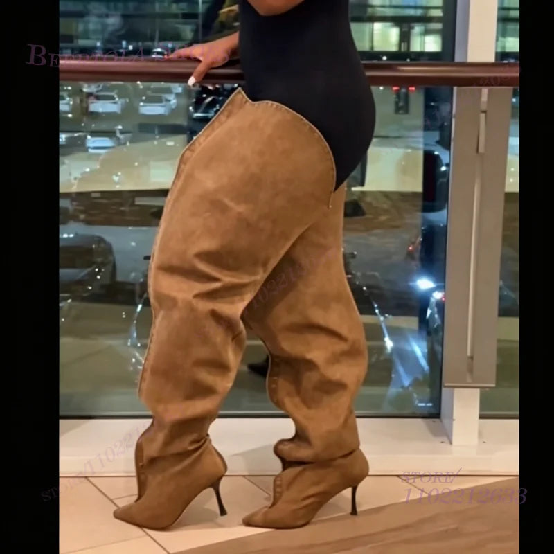 Wide Leg Loose Fitting Brown Suede Boots Women Long Pleated  Stiletto Heels Pointed Toe Summer Denim Khaki Party Cool Girl Shoes
