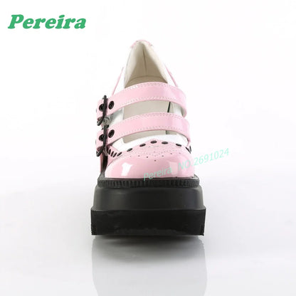 Pink Patchwork Multi-Buckled Ankle Boots Round Toe Gothic Thick Soled Shallow Women's Boots Autumn Summer Cutout Punk Shoes Sexy