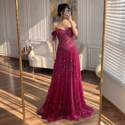 Serene Hill 2026 Luxury Fuchsia Arabic Beaded A-Line Evening Dress With Tassels For Formal Wedding Party BLA73594 Customized