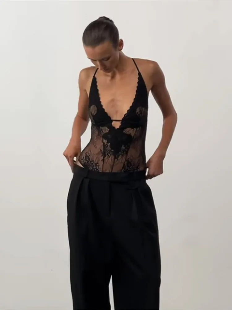 Women's Bodysuit Lace Patchwork Hollow Out Bodysuits Transparent Female Deep V See Through Partywear Spring Sexy Ladies Clubwear