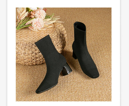 Black Square Toe Knit Sock Boots Elastic Slim Thick Block Heel High Heels Short Boots Fashion Autumn Casual Skinny Ankle Boots