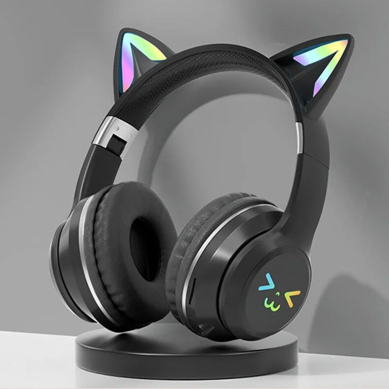 GRB Glow Gaming Headset Gamer Stereo Bass Cat Ear Wireless Earpods Bluetooth Earphones TYPE-C Cable Headphones Blutooth Handfree