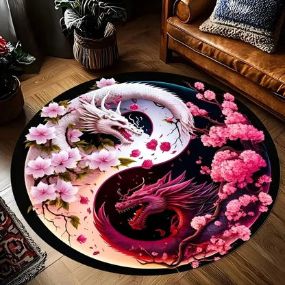 Dragon Yin Yang Mat for Decor, Harmony Design Flannel Carpet, Non-Slip Round Rug for Bedroom Study Living Room Meditation Space