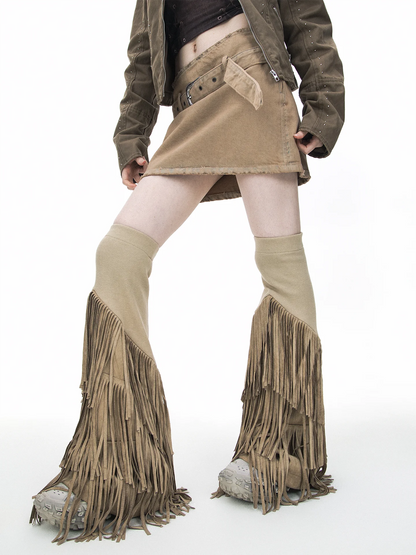 Suede Fabric Tassel Knitted Elastic Punk Vintage Flared Leg Warmers Woman Fashion Elegant Gothic Leg Sleeve
