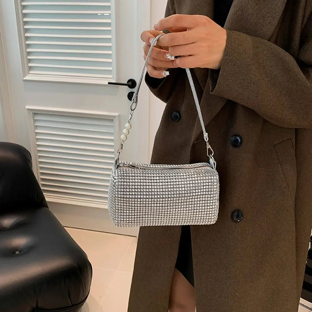 Allover Rhinestone Bucket Bag Waterproof Lightweight Women Crossbody Bag Mini All-match Glitter Chain Prom Purse for Ladies
