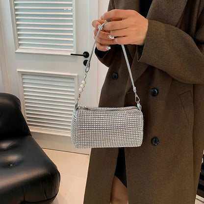 Allover Rhinestone Bucket Bag Waterproof Lightweight Women Crossbody Bag Mini All-match Glitter Chain Prom Purse for Ladies