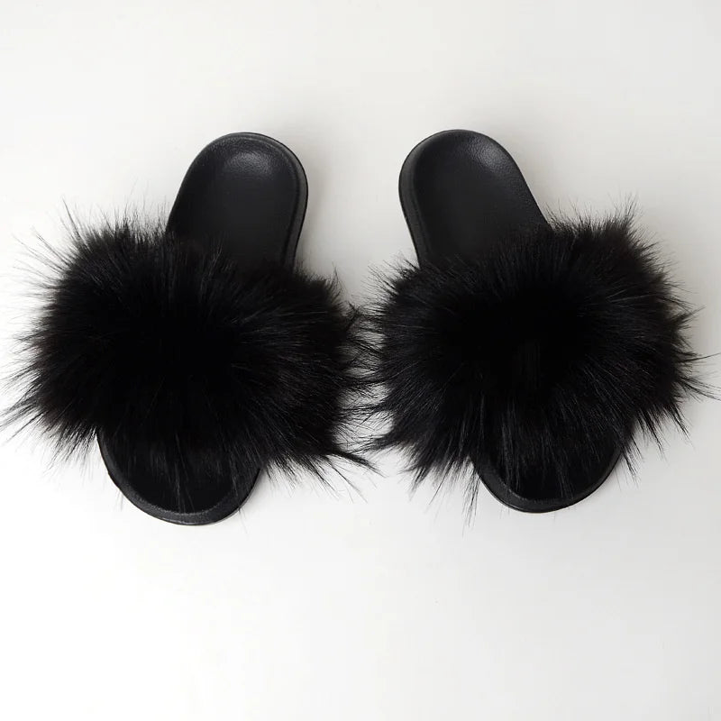 Women's Summer Faux Fur Fox Fur Slippers Fashion Luxury Indoor and Outdoor Non-Slip Solid Color Flat Bottom Furry Sandals