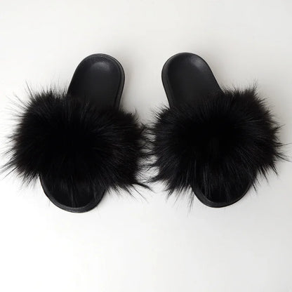 Women's Summer Faux Fur Fox Fur Slippers Fashion Luxury Indoor and Outdoor Non-Slip Solid Color Flat Bottom Furry Sandals