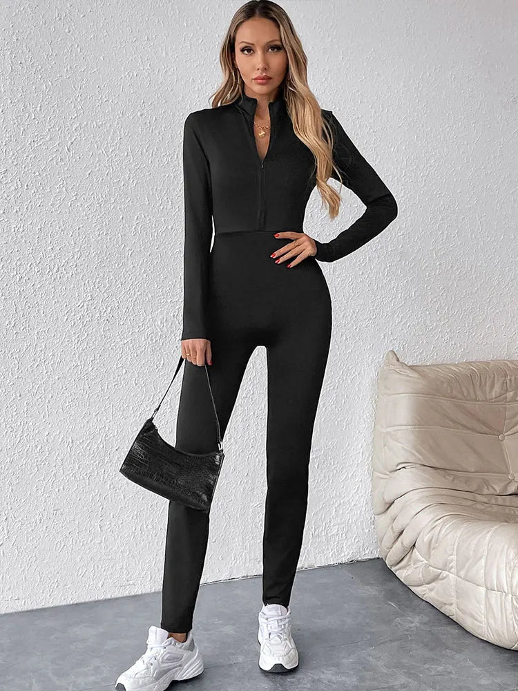 Autumn New Women's Jumpsuits Fashion Streetwear Long Sleeves Half High Collar Zippers Bodycon Rompers Black Sexy Lady Jumpsuits