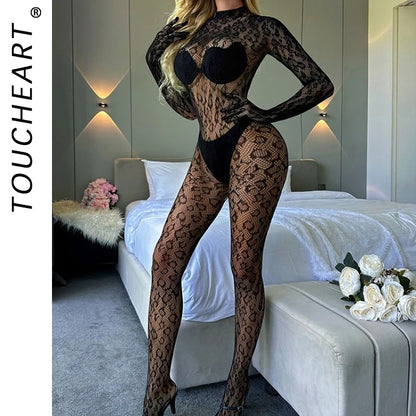 Toucheart Sexy Mesh Jumpsuit Women's Underwear Long-sleeved Jumpsuit Fishnet Top with Closed Crotch Perspective Sexy Jumpsuit