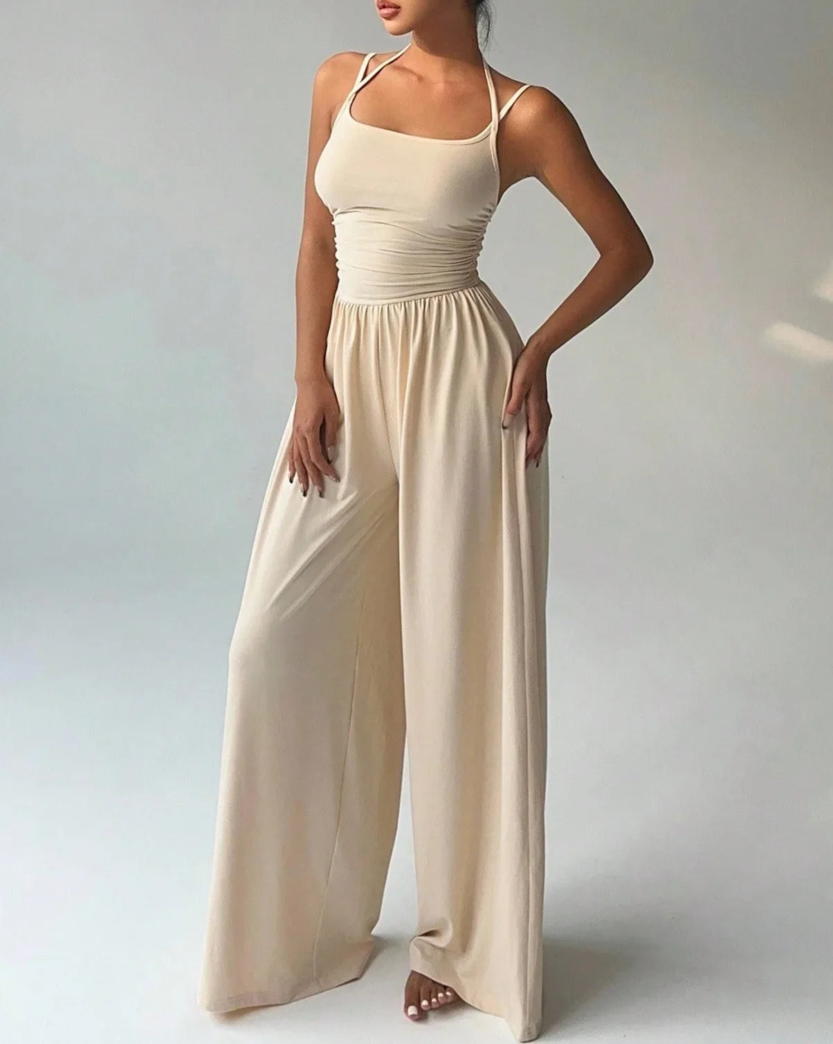 Women Halter Spaghetti Strap Jumpsuits Summer Casual Elastic High Waist Backless Wide Leg Long Pants Romper Club Party Overalls