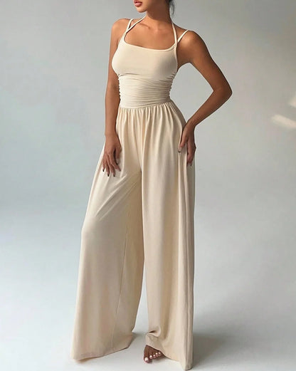 Women Halter Spaghetti Strap Jumpsuits Summer Casual Elastic High Waist Backless Wide Leg Long Pants Romper Club Party Overalls