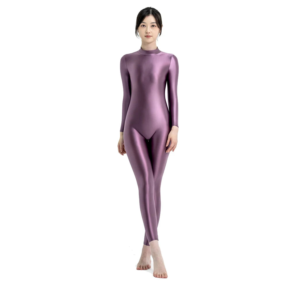 MJINM Sexy Shiny Bodysuit Tight-fitting Oil Smooth Back Zipper Overalls Yoga Zentai Suits Casual Sport Tights Catsuit Jumpsuits