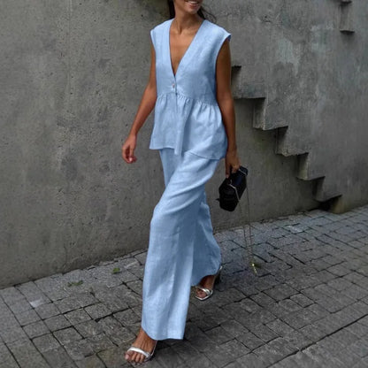 2 Pieces Women Sets 2026 Cotton V-Neck Sleeveless Top Vest + Long Pants New Solid Color Two-Piece Sets Women's Clothing
