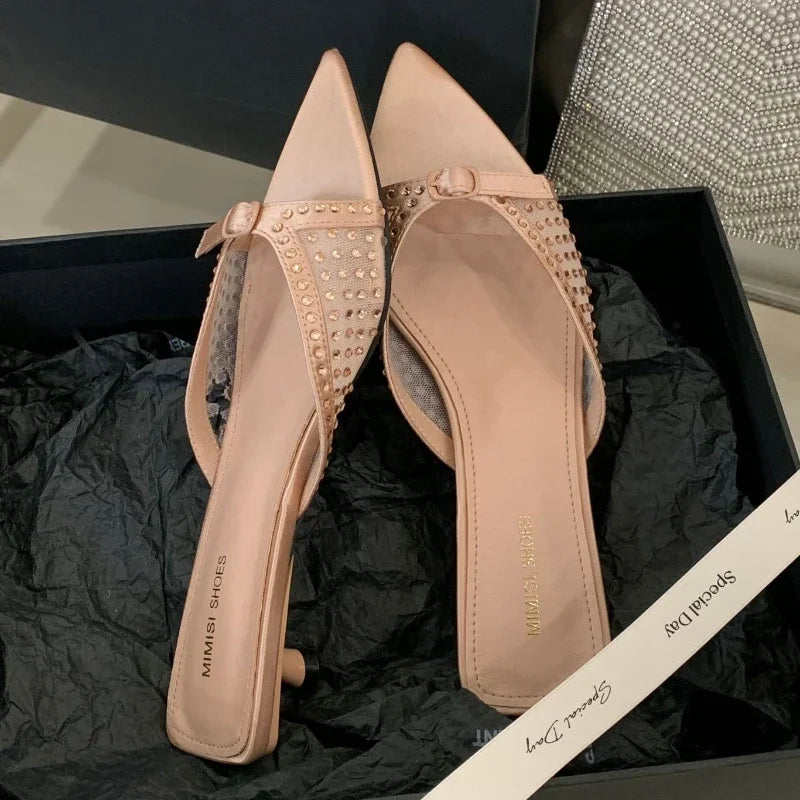 Luxury Rhinestone Mesh Kitten Heel Slippers Women Summer Sexy Pointed Toe Backless Slide Sandals Fashion Brand Designer Shoes