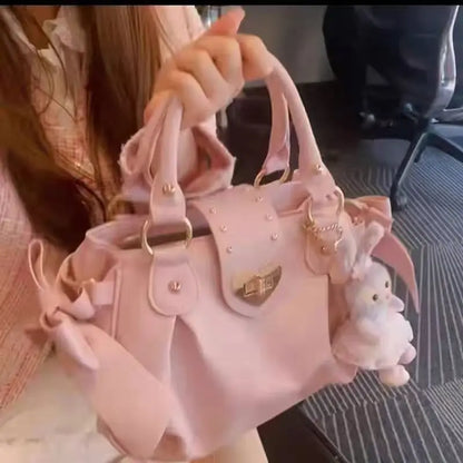 Harajuku Bow Pink Hand Bag Purse Women Japanese Style Soft Casual Crossbody Bag Ladies Sweet Cute Large Capacity Shoulder Bags